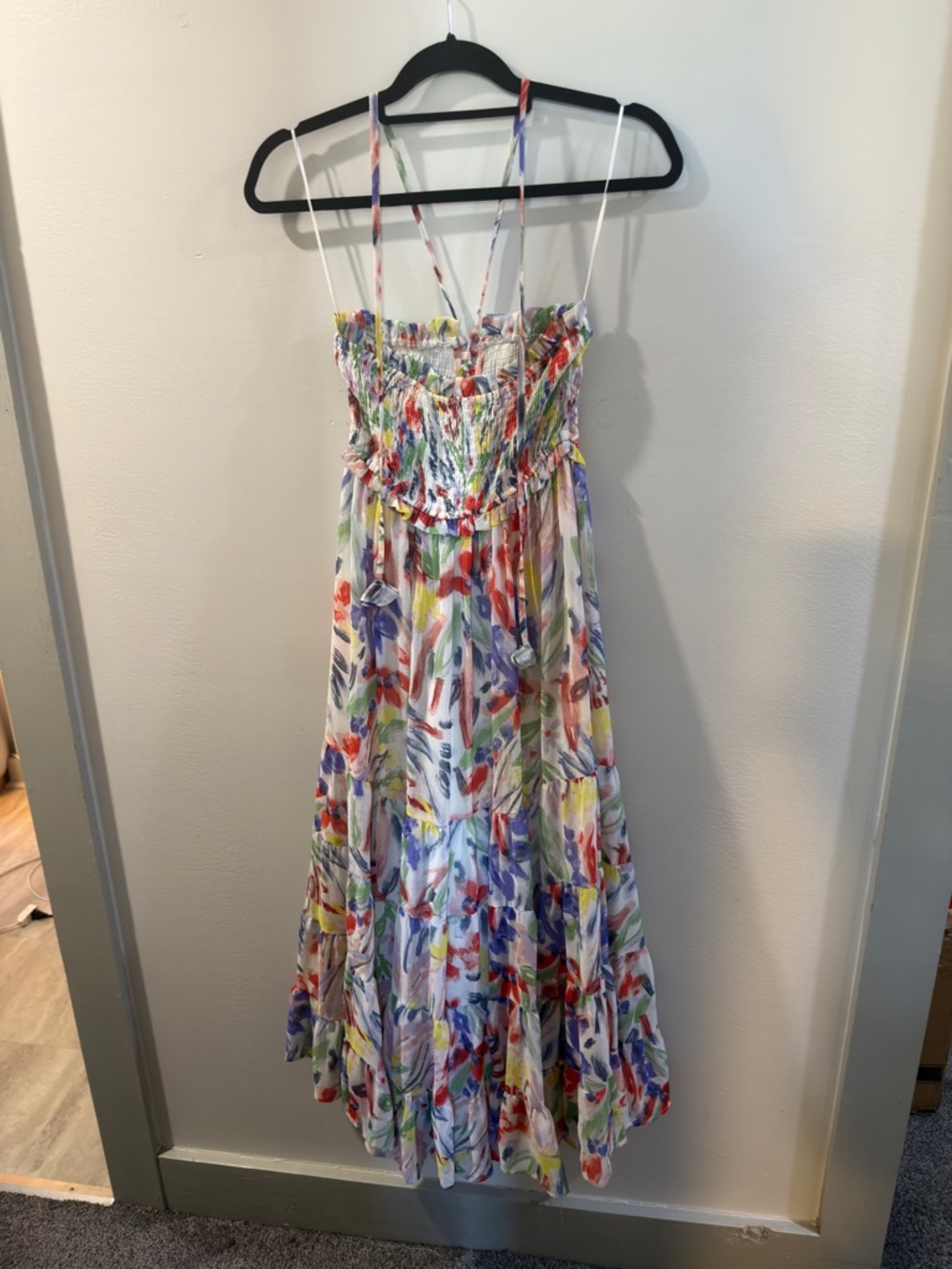 Aqua - Watercolor Floral Midi Dress – Smocked Bodice  – Women’s Small - Picture 5 of 7
